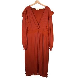 Girl Soul Rust Orange Pleated Ruffle V Neck Long Sleeve Maxi Dress Plus Size 3X